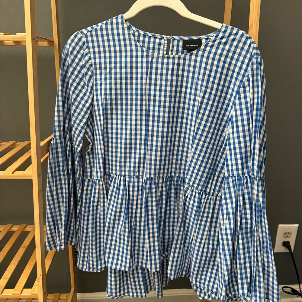Who What Wear Blue and White Gingham Blouse